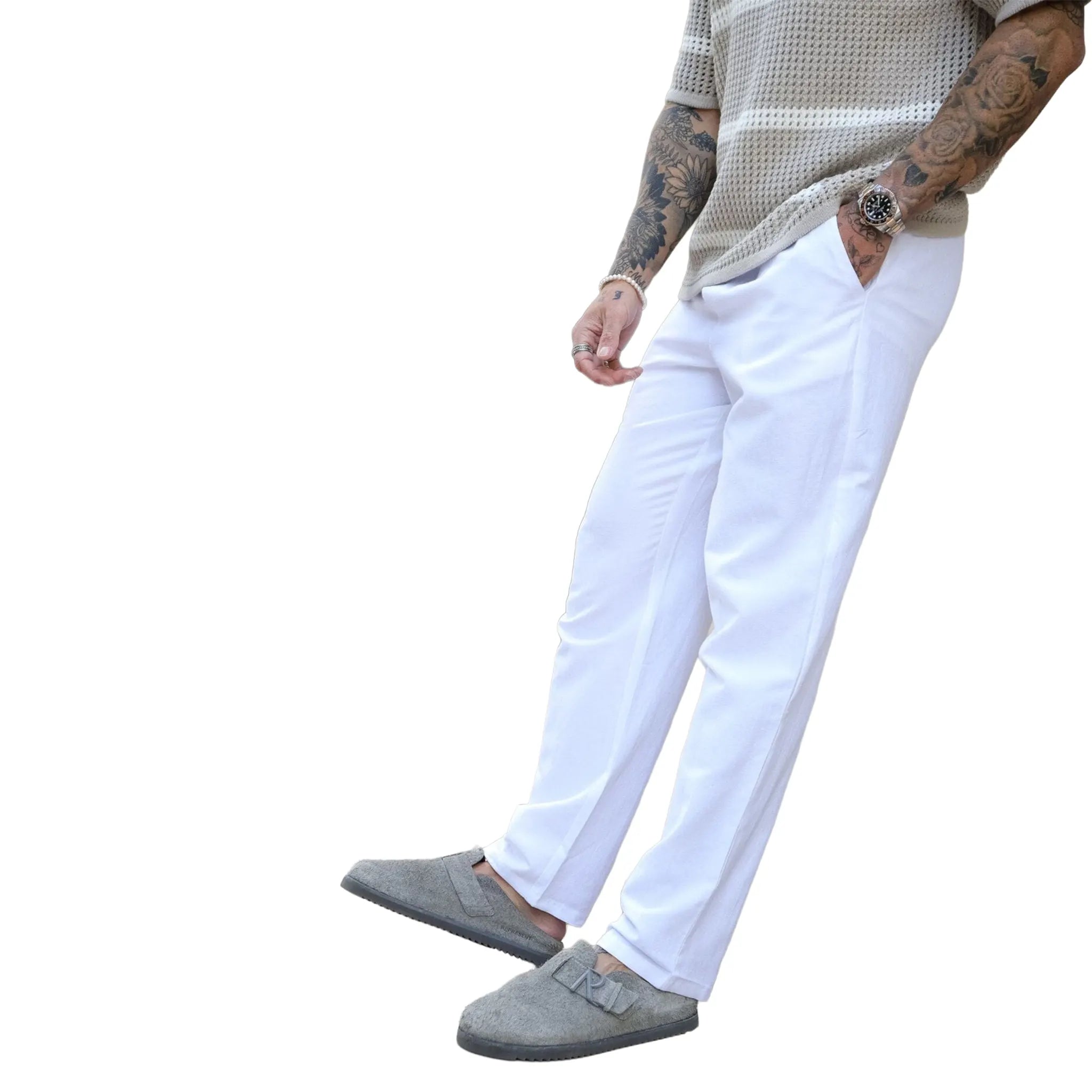 Front Side View of Belier White Linen Trousers